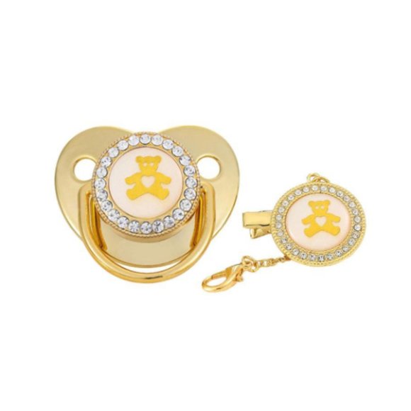 Gold  Pacifier and Pacifier Clip with Rhinestone - Picture 2 of 8